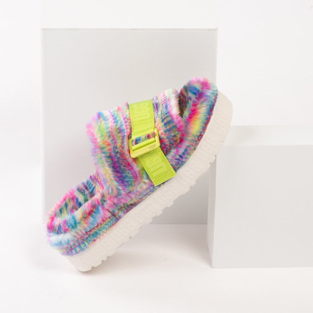 UGG Fluffita Pixelate Multicolor Faux Shearling Platform Slippers 7 NWT